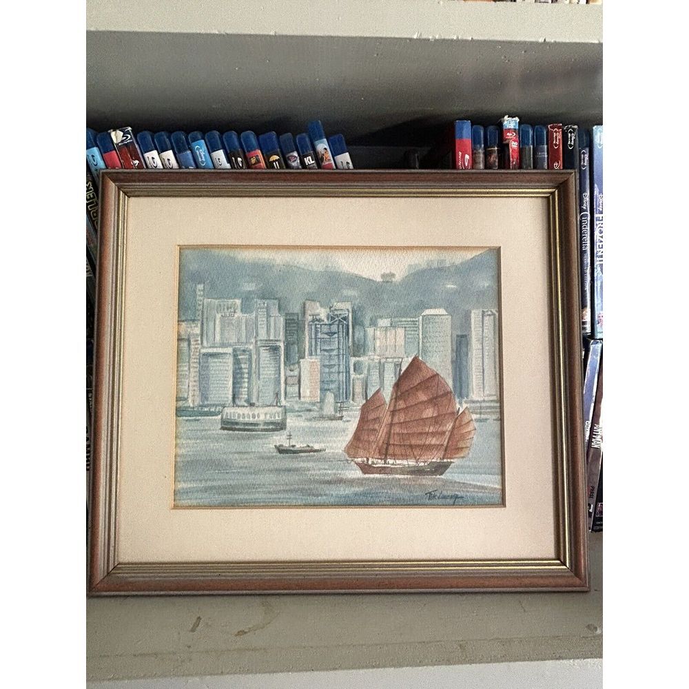 Vintage Art‎ By Tik Ling Hong Kong Junk Boat And Cityscape